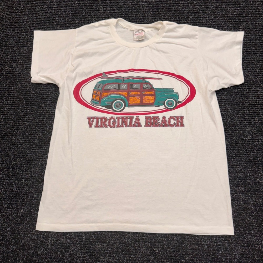 Vintage Oneita Virginia Beach Woodie Surf Wagon Graphic T-Shirt White Large